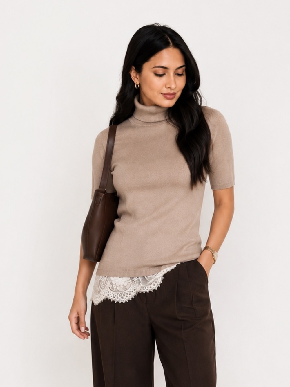 Light Brown lace hem half sleeve sweater tunic top
